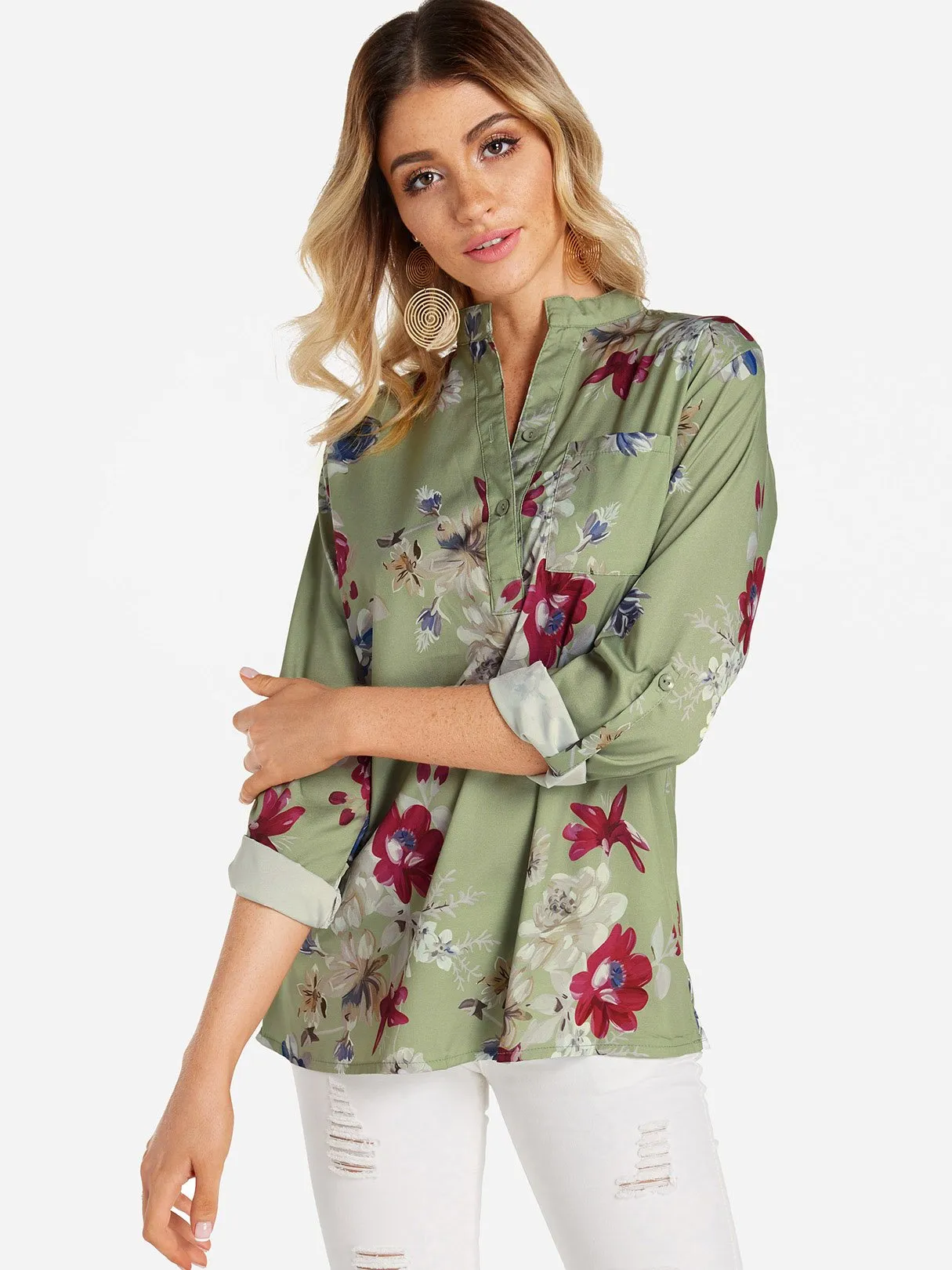 Custom V-Neck Floral Print Side Pockets 3/4 Sleeve Blouses