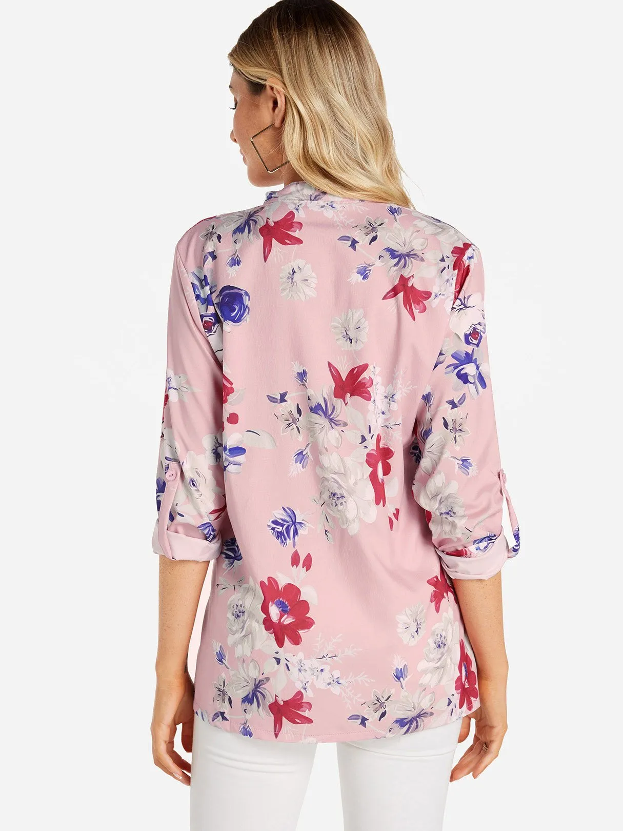 Custom V-Neck Floral Print Side Pockets 3/4 Sleeve Blouses