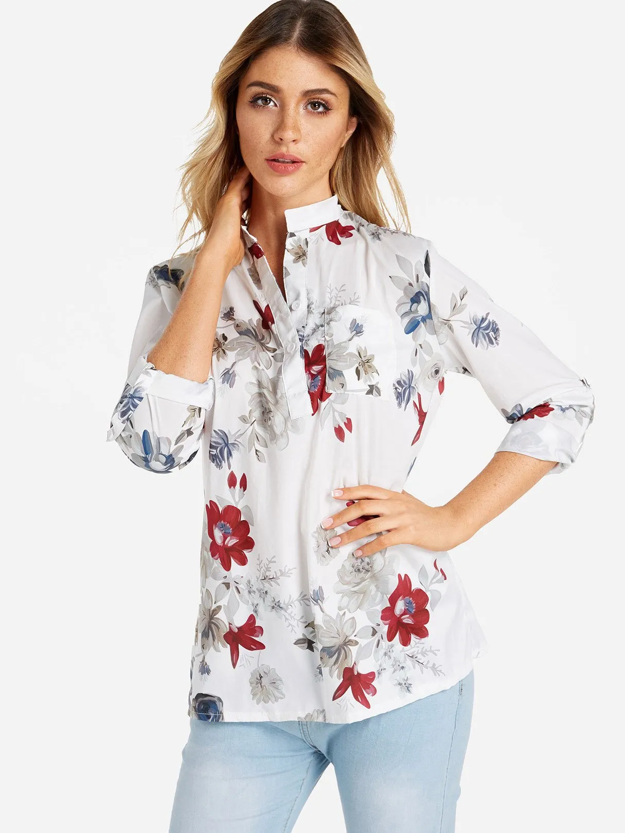 Custom V-Neck Floral Print Side Pockets 3/4 Sleeve Blouses