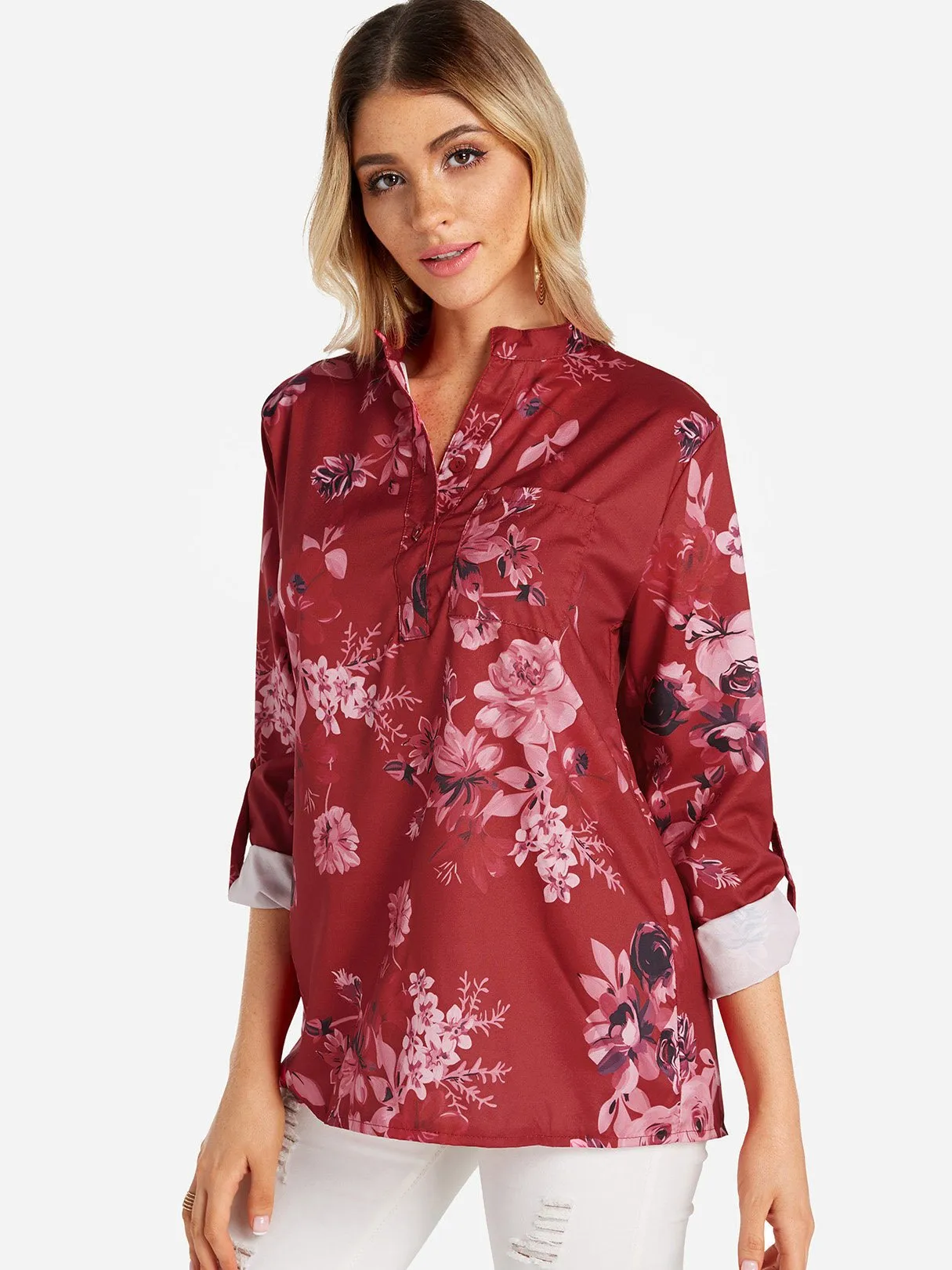 Custom V-Neck Floral Print Side Pockets 3/4 Sleeve Blouses