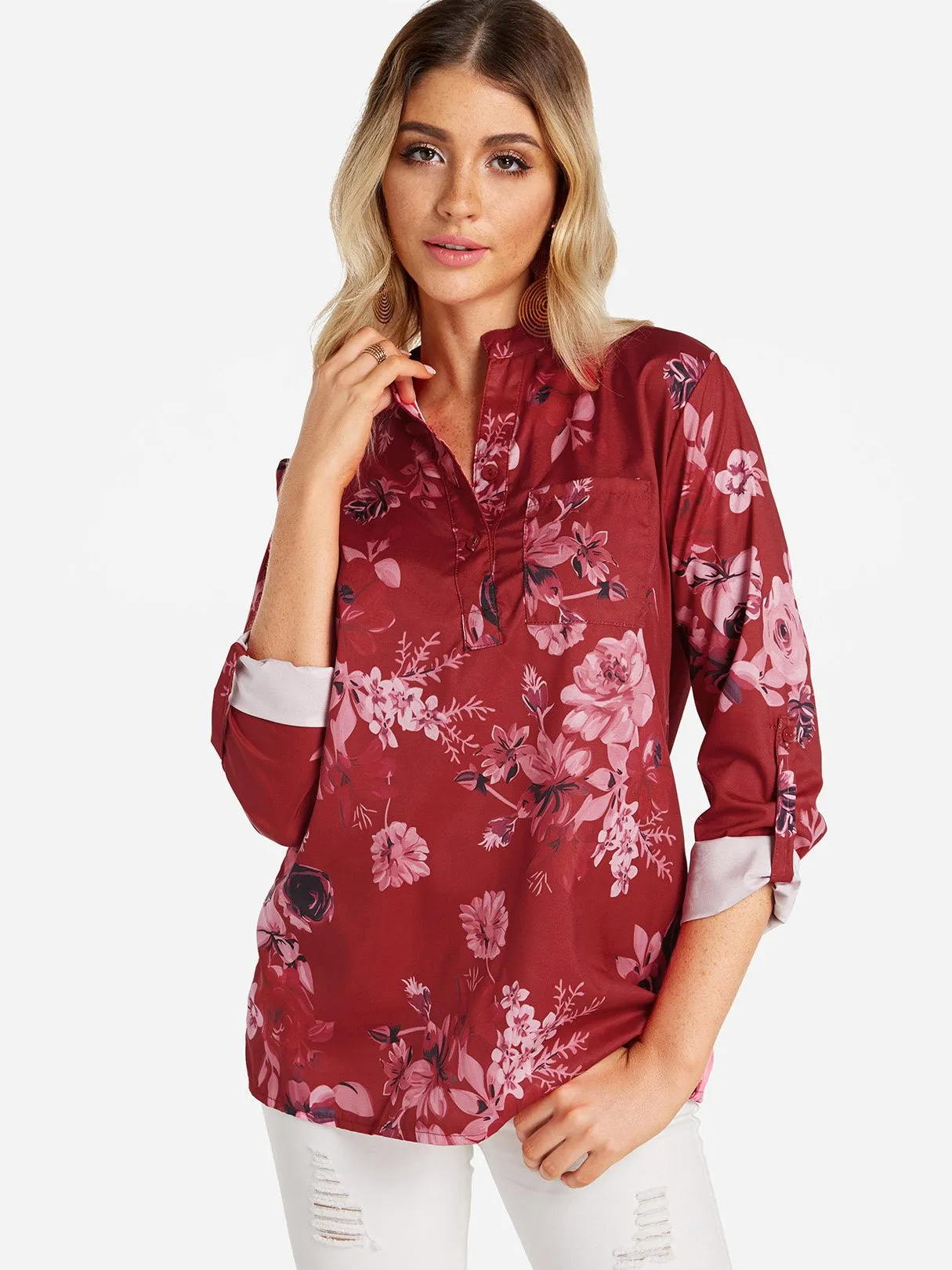 Custom V-Neck Floral Print Side Pockets 3/4 Sleeve Blouses