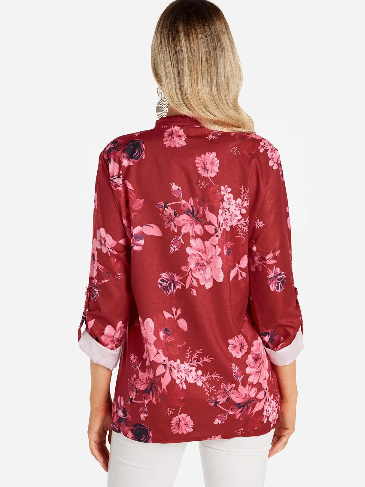 Custom V-Neck Floral Print Side Pockets 3/4 Sleeve Blouses