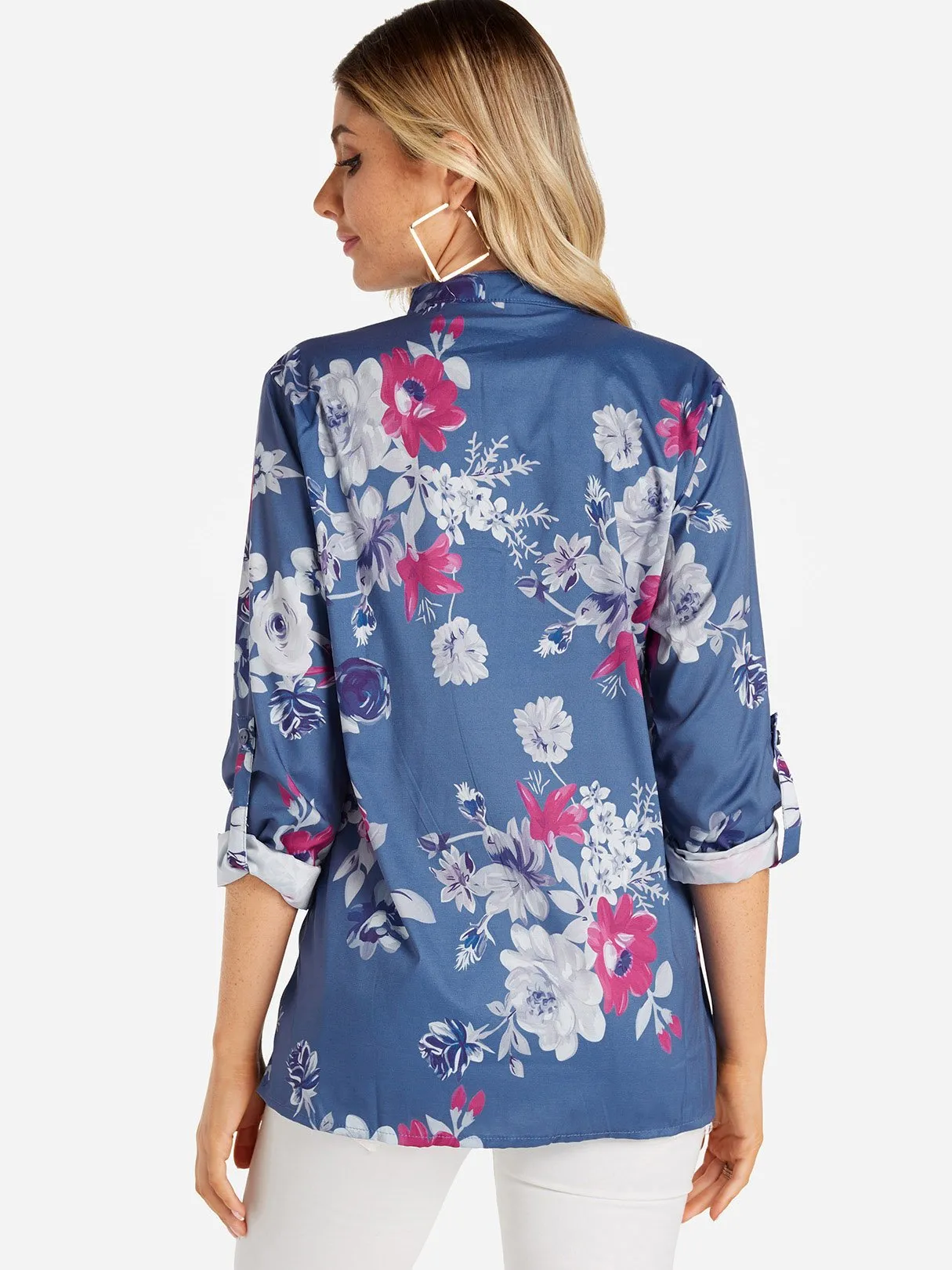 Custom V-Neck Floral Print Side Pockets 3/4 Sleeve Blouses