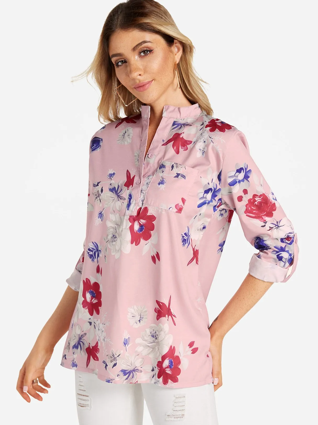 Custom V-Neck Floral Print Side Pockets 3/4 Sleeve Blouses