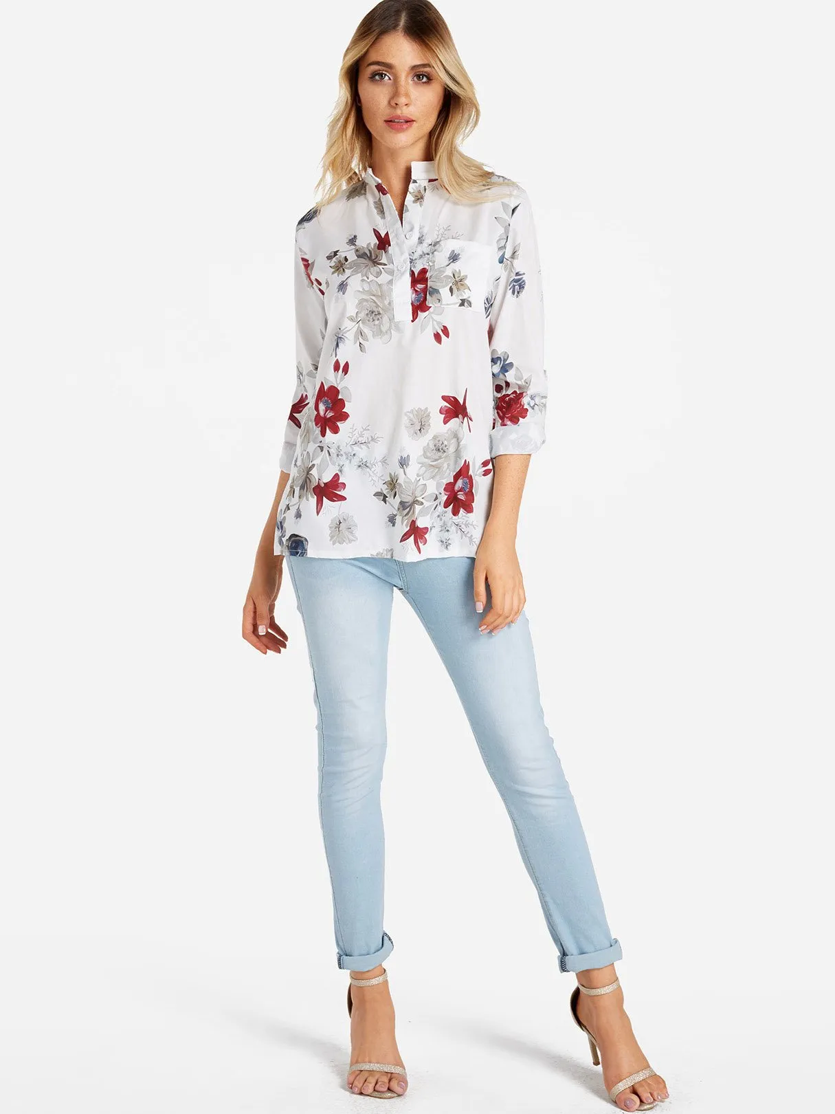 Custom V-Neck Floral Print Side Pockets 3/4 Sleeve Blouses