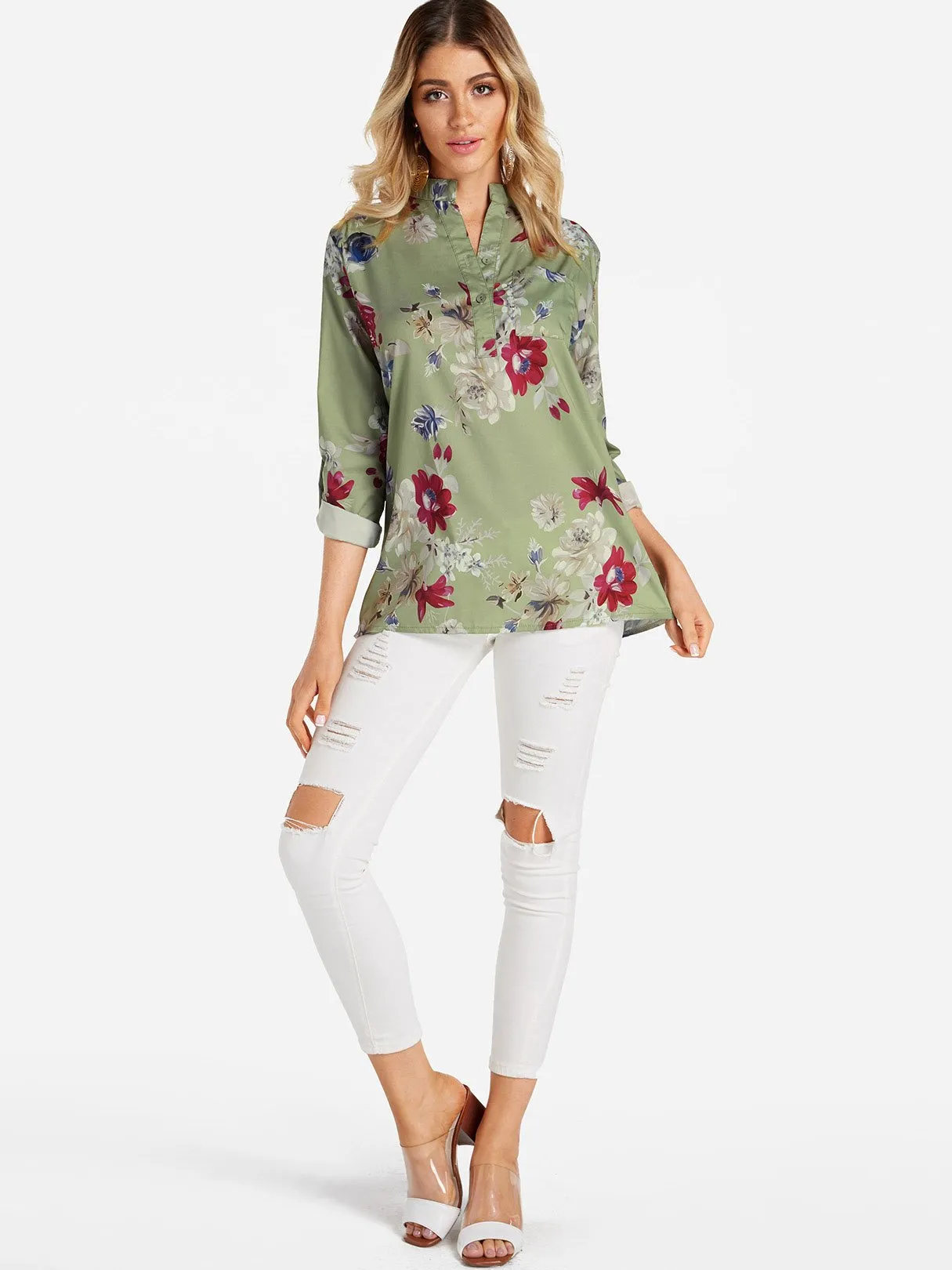 Custom V-Neck Floral Print Side Pockets 3/4 Sleeve Blouses