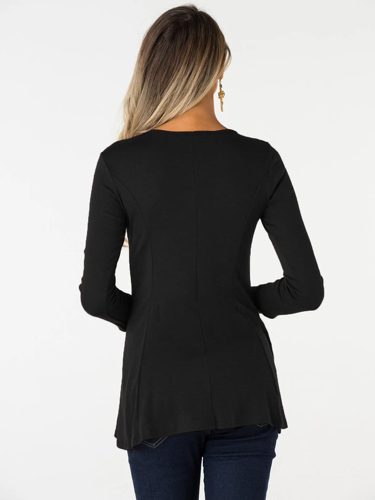 Custom V-Neck Plain Lace-Up Cut Out Long Sleeve Black Blouses