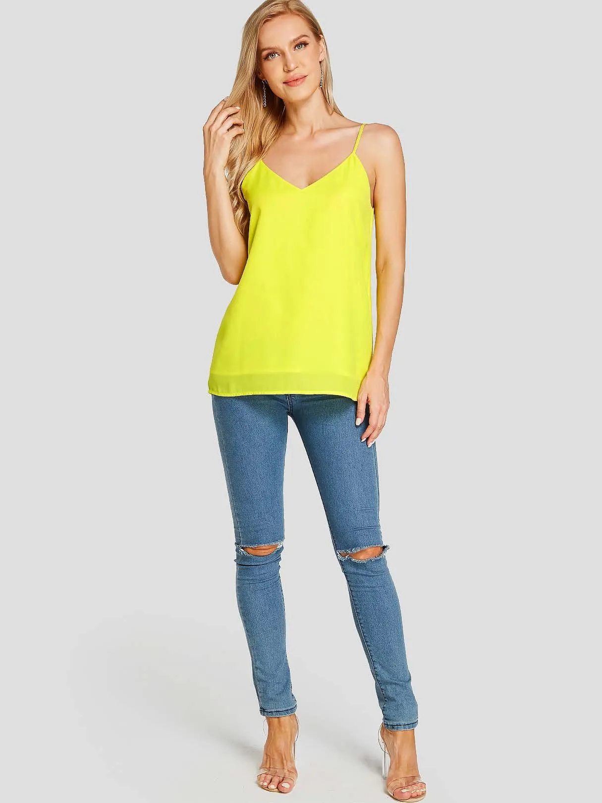 Custom V-Neck Spaghetti Strap Sleeveless Yellow Blouses