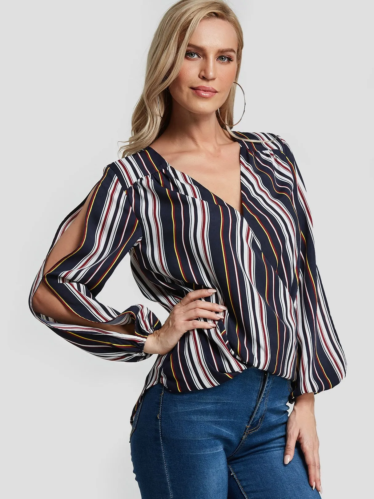 Custom V-Neck Stripe Slit Long Sleeve Blouses