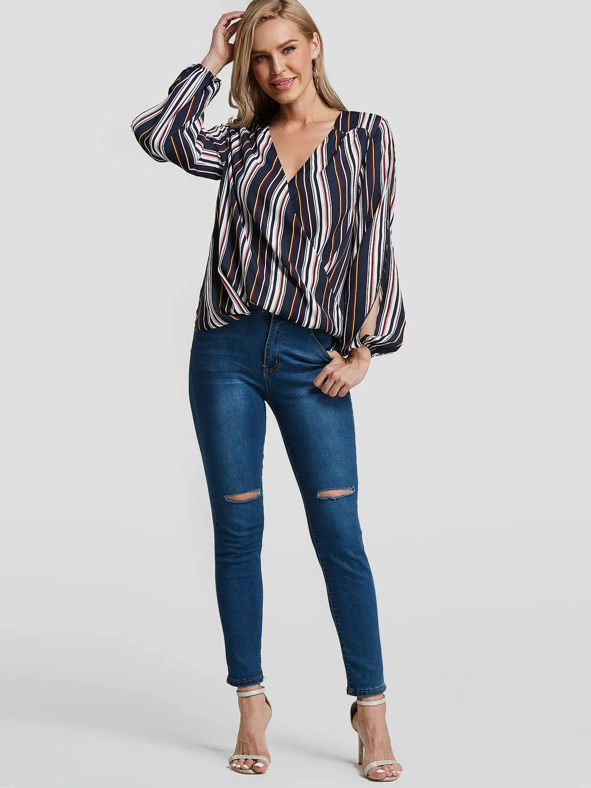 Custom V-Neck Stripe Slit Long Sleeve Blouses