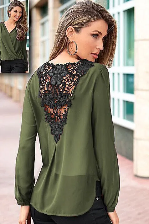 Deep V-neck Chiffon Lace Patchwork Long Sleeve Loose Blouse