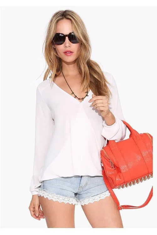 Deep V-neck Long Sleeves Chiffon Plus Size Blouse