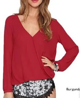 Deep V-neck Long Sleeves Chiffon Plus Size Blouse