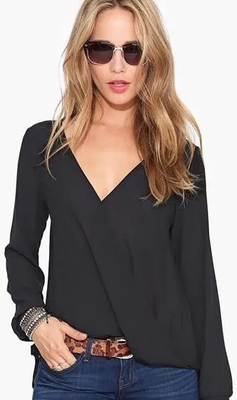 Deep V-neck Long Sleeves Chiffon Plus Size Blouse