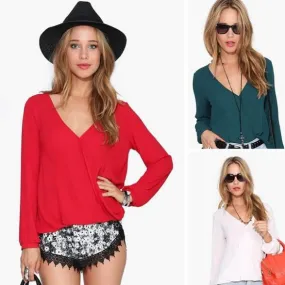 Deep V-neck Long Sleeves Chiffon Plus Size Blouse