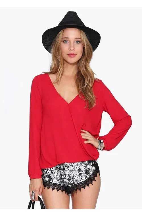 Deep V-neck Long Sleeves Chiffon Plus Size Blouse