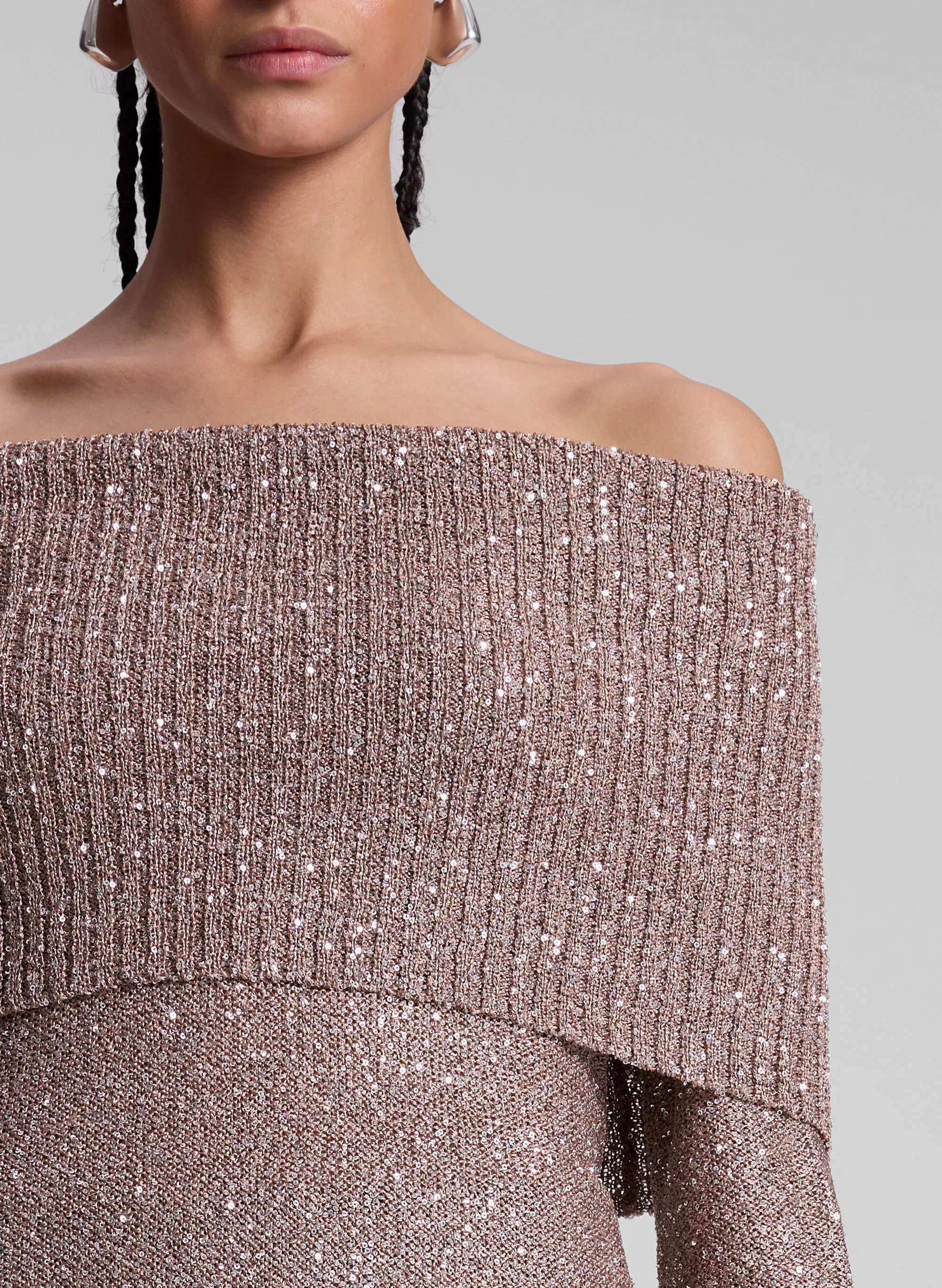 Evelyn Metallic Knit Off Shoulder Top