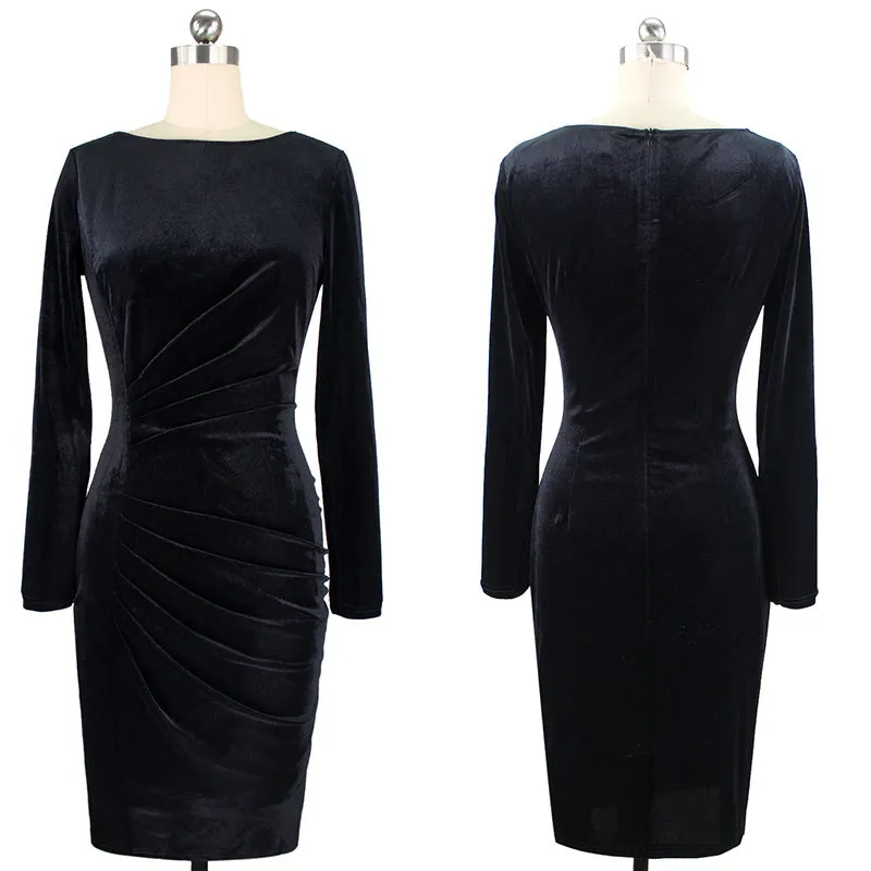 Fashion simple plus velvet pleated round neck autumn and winter long-sleeved hip dress