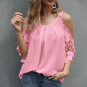 FashionSierra - O Neck Ladies Tops Off Shoulder Hollow Lace Sleeves Blouse Summer Loose Pure Color Sexy 
 Shirt