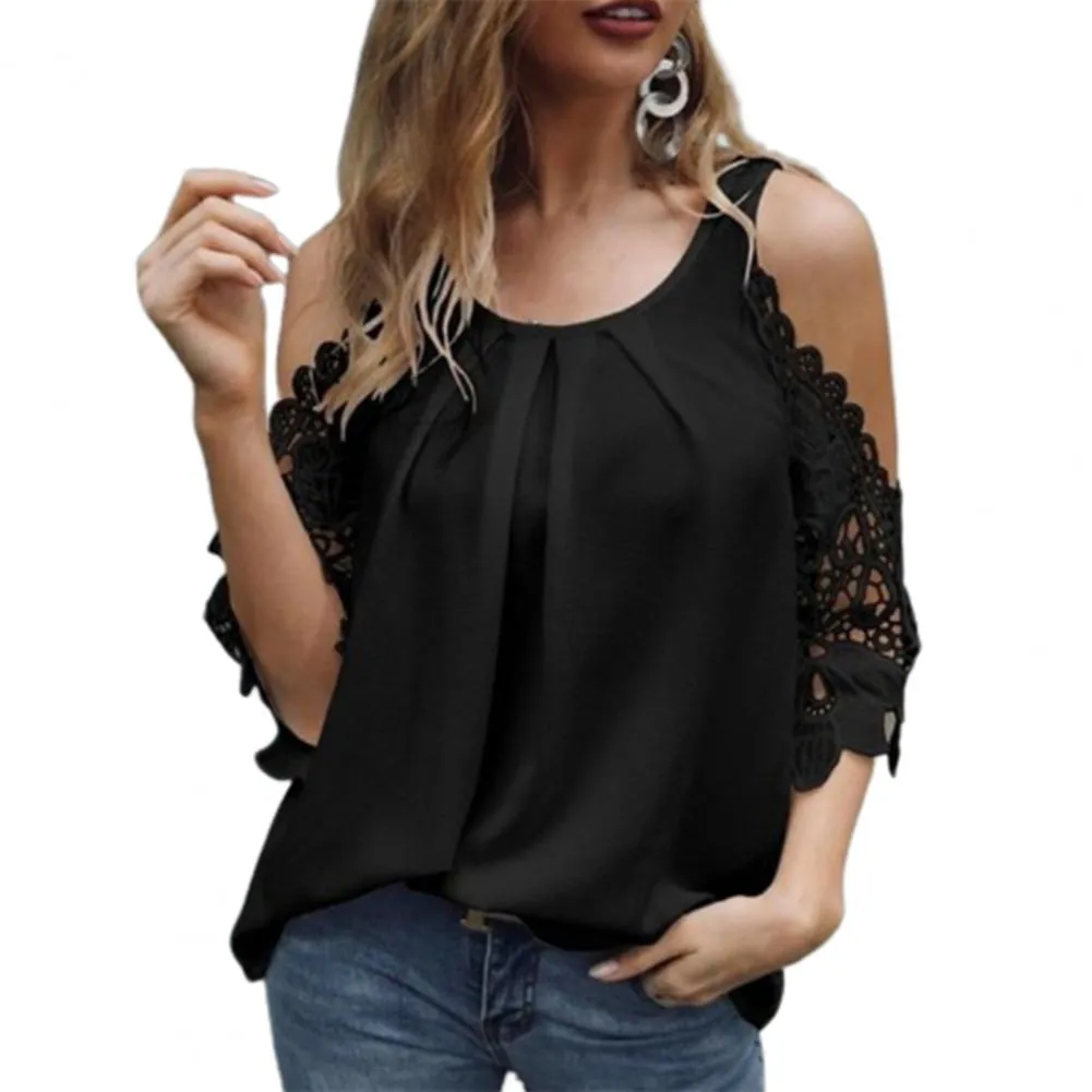 FashionSierra - O Neck Ladies Tops Off Shoulder Hollow Lace Sleeves Blouse Summer Loose Pure Color Sexy 
 Shirt