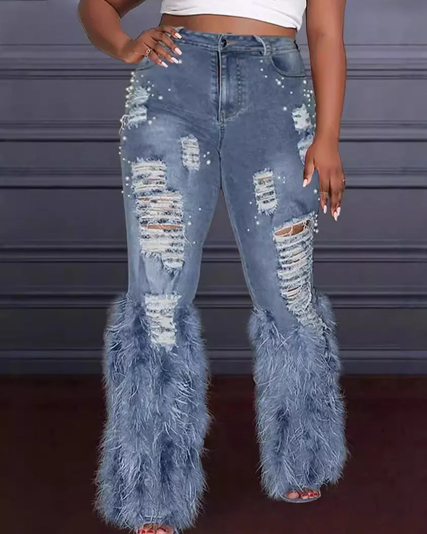 Faux Feather Distressed Beaded Stretch Jeans