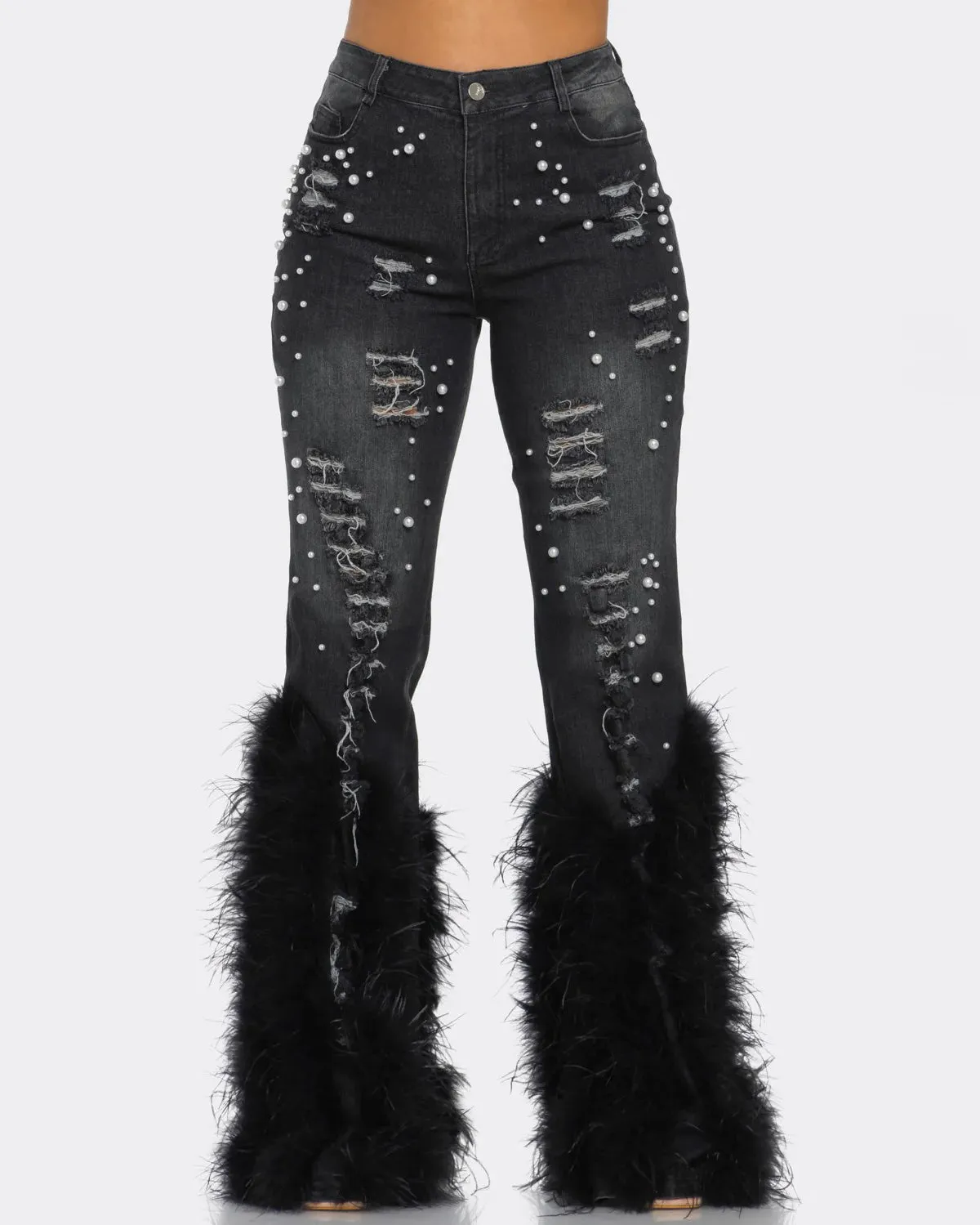 Faux Feather Distressed Beaded Stretch Jeans