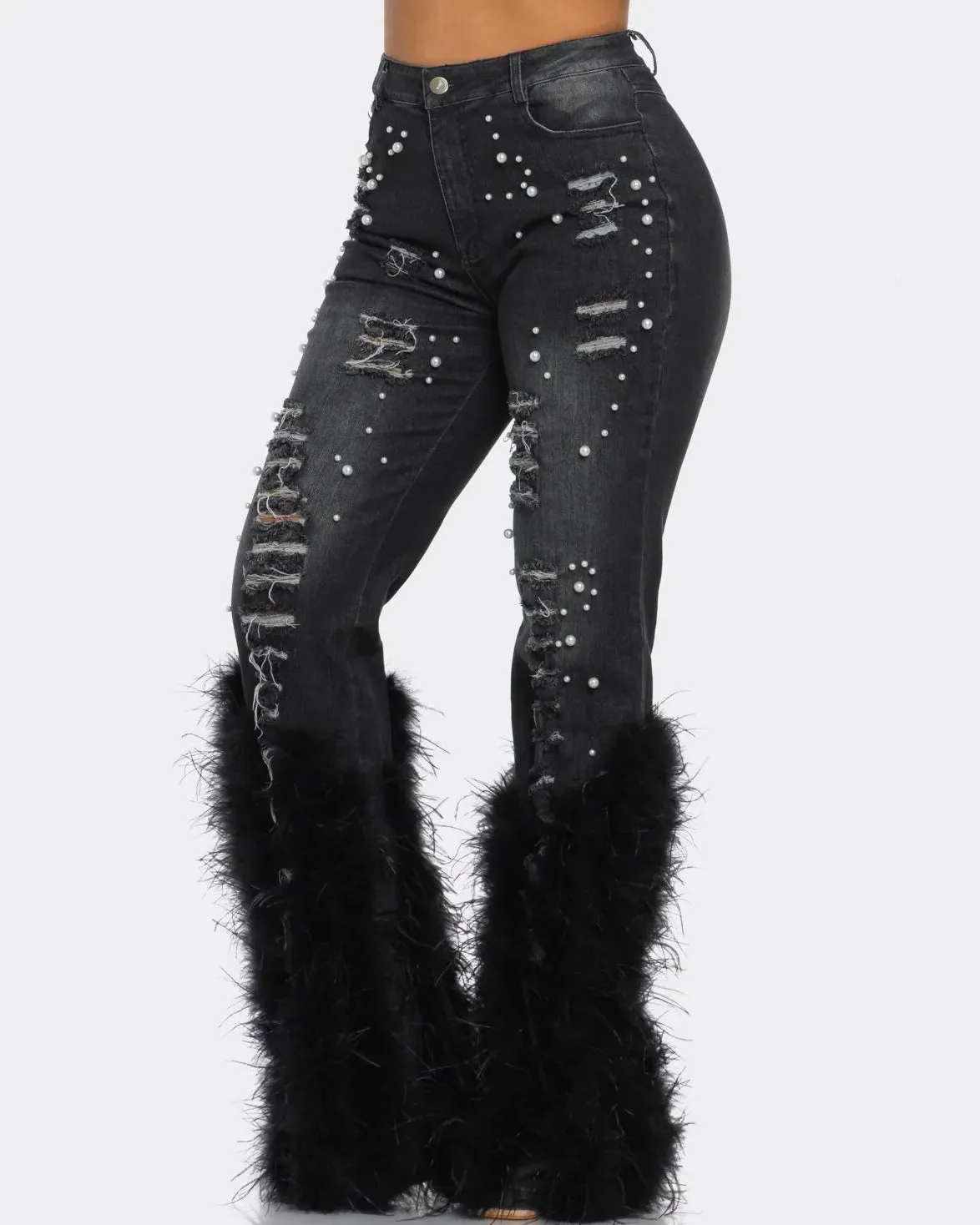 Faux Feather Distressed Beaded Stretch Jeans