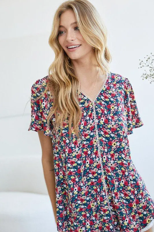 Floral Printed V-Neck Short Sleeve Top