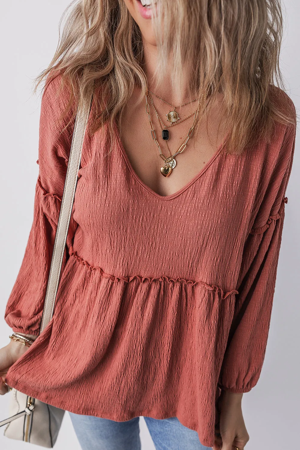 Frill V-Neck Long Sleeve Blouse