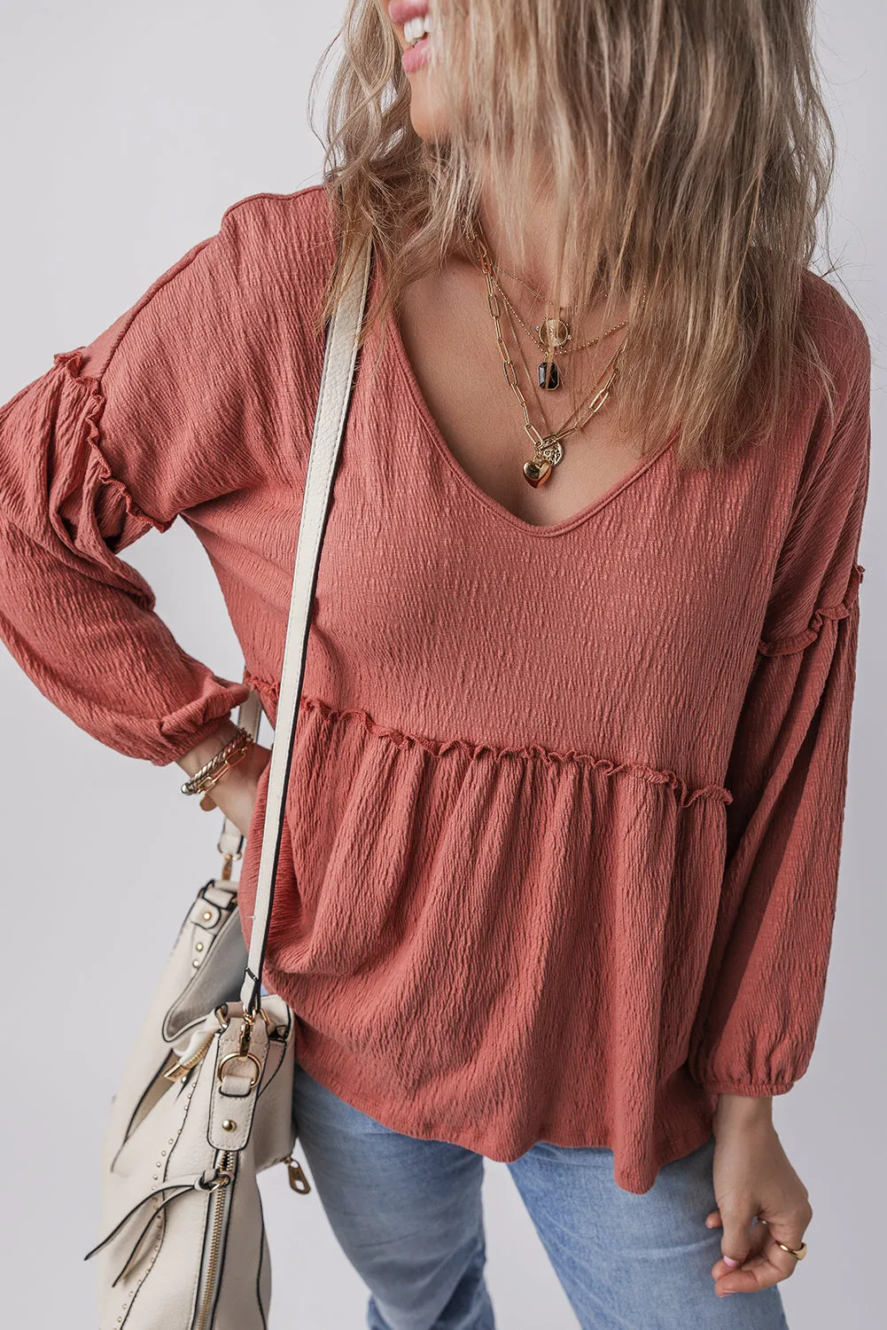 Frill V-Neck Long Sleeve Blouse