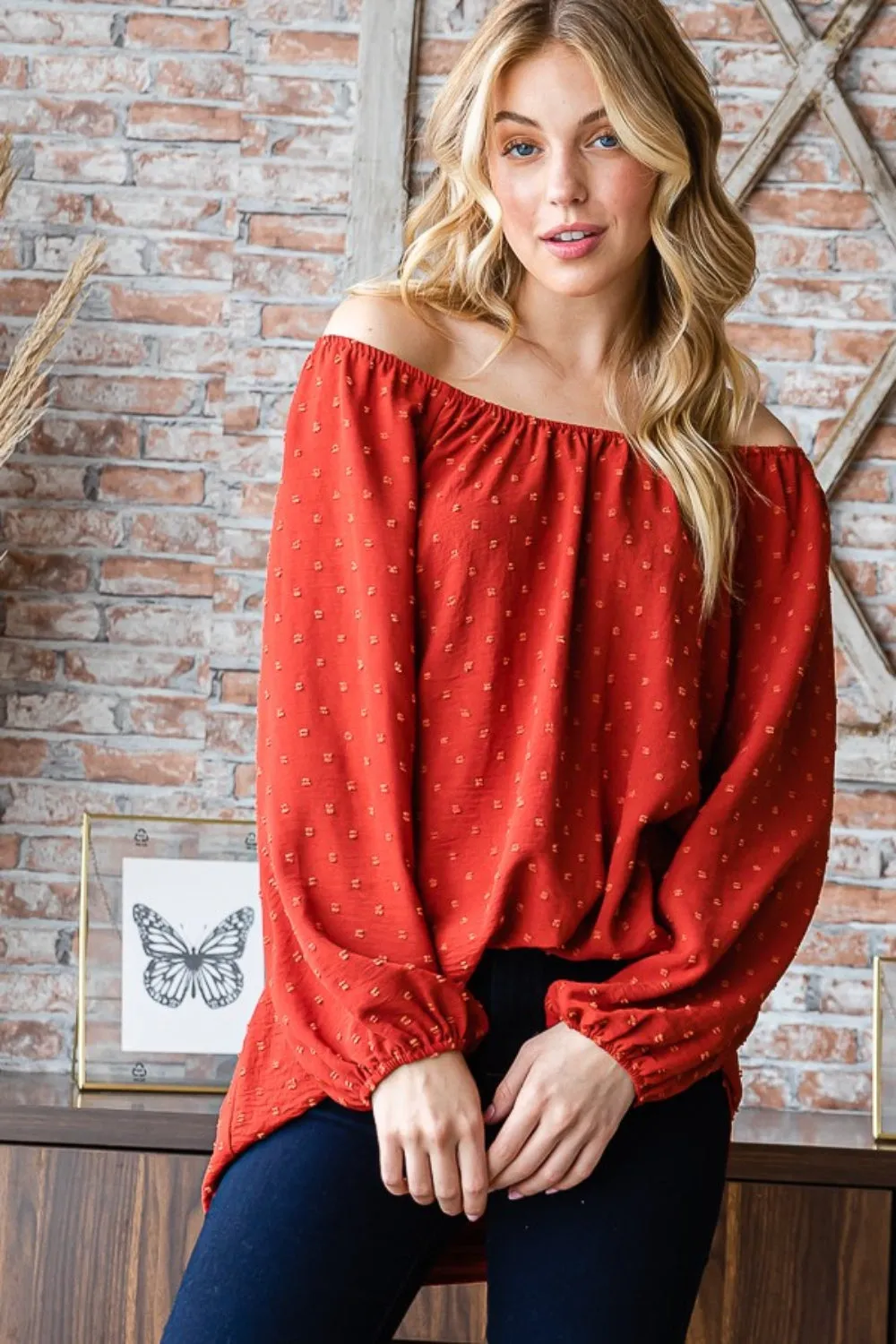 Full Size Swiss Dot Off Shoulder Top