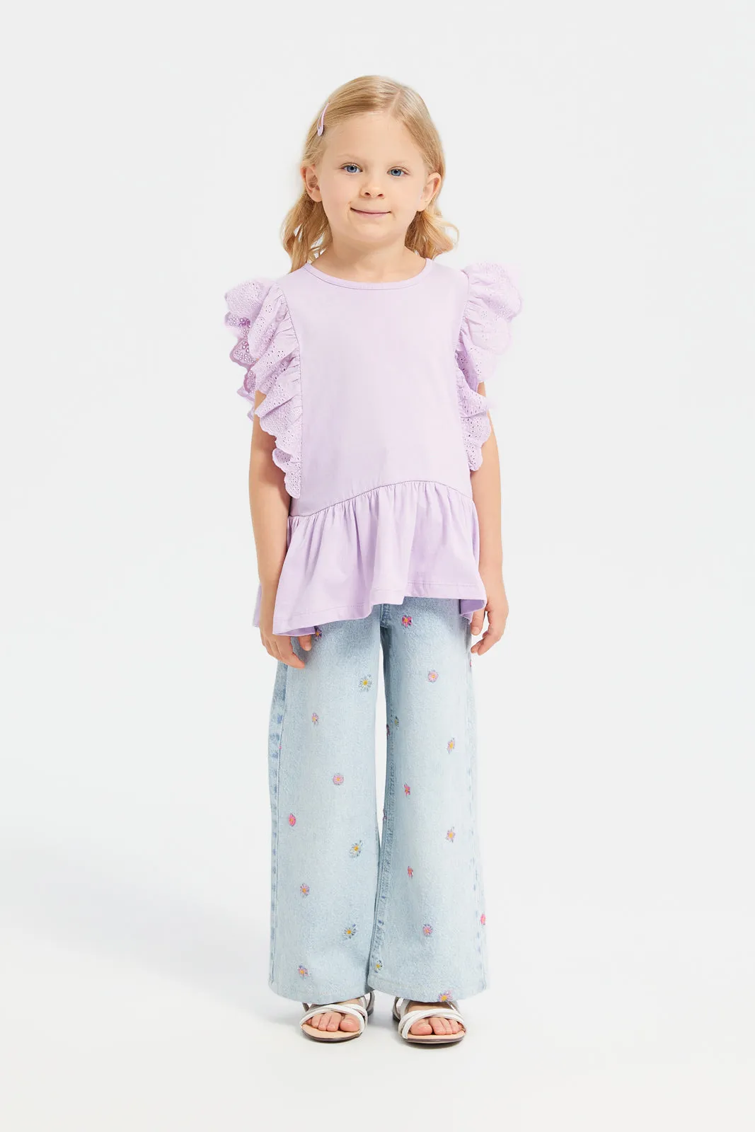 Girls Schiffli Frilled Peplum Jersey Top