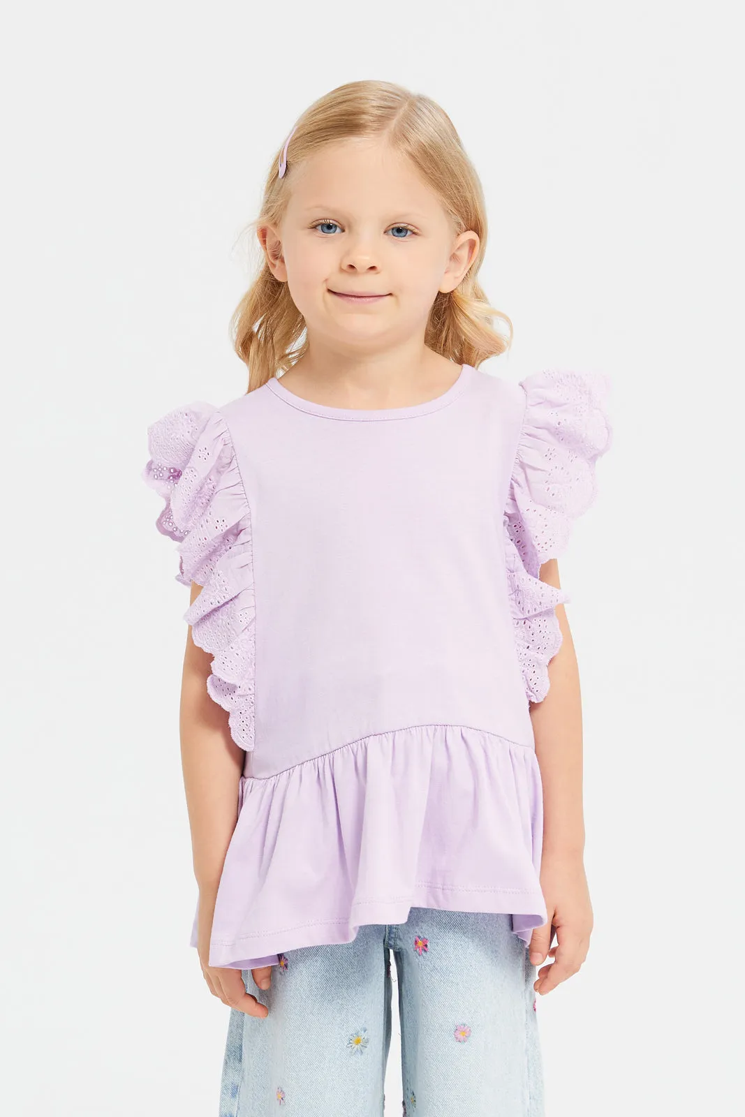 Girls Schiffli Frilled Peplum Jersey Top