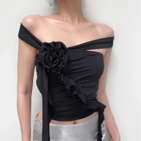 Gothic Ruffles Off Flower Aesthetic Crop Shoulder Backless Top