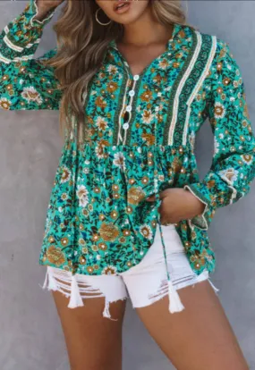 Green Boho Floral Print Peplum Long Sleeve Blouse