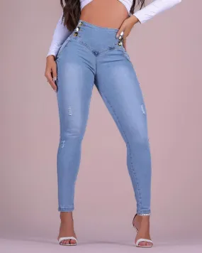 High-Waist-Doppelknopf-Bauchkontroll-Stretch-Jeans