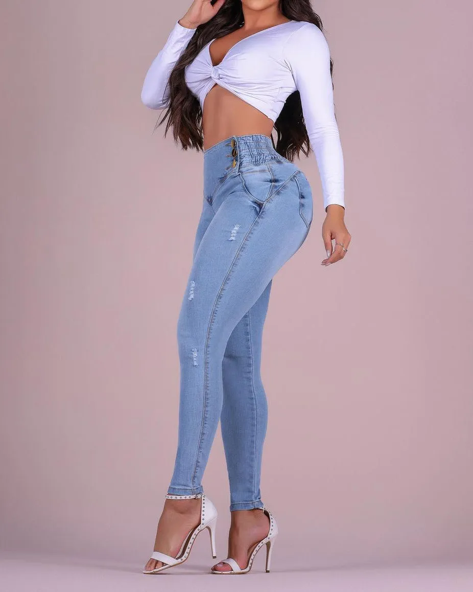 High-Waist-Doppelknopf-Bauchkontroll-Stretch-Jeans