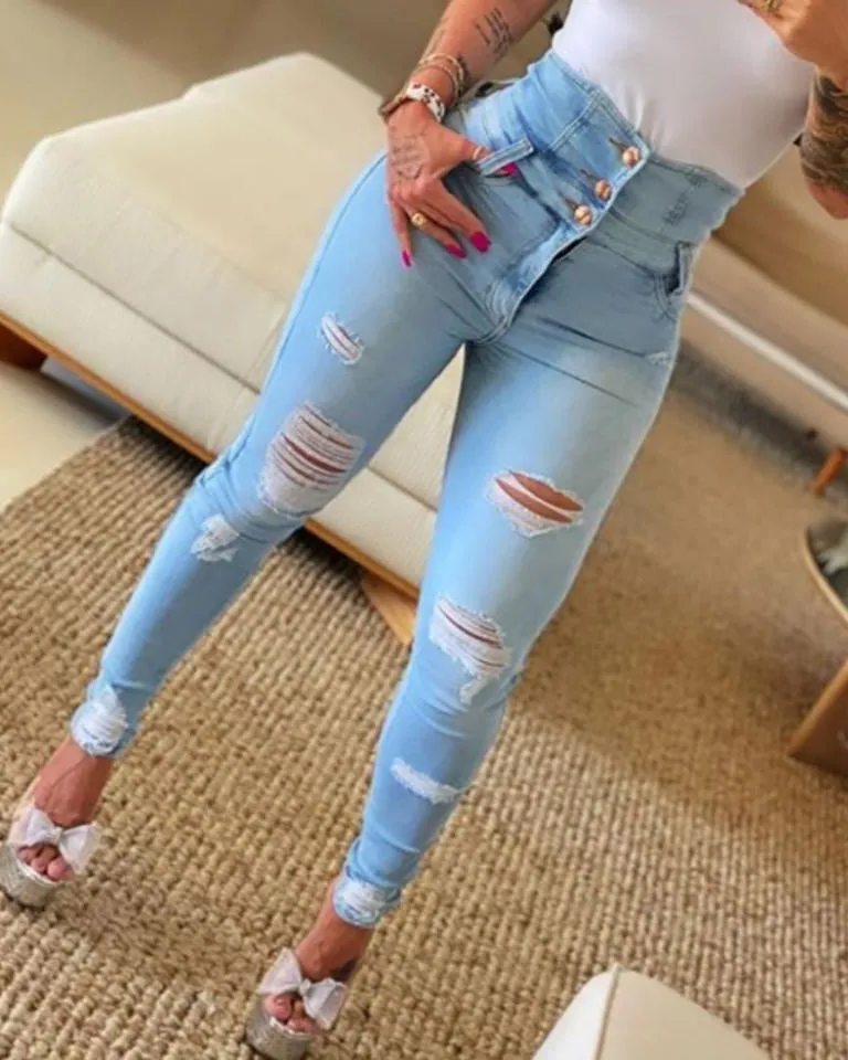 High-Waist-Zerrissene Skinny Jeans