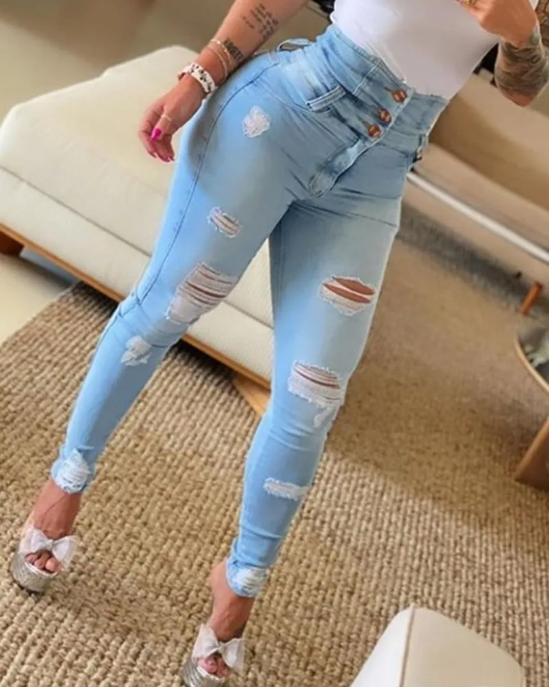 High-Waist-Zerrissene Skinny Jeans