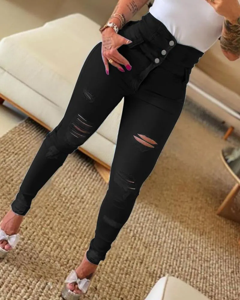 High-Waist-Zerrissene Skinny Jeans