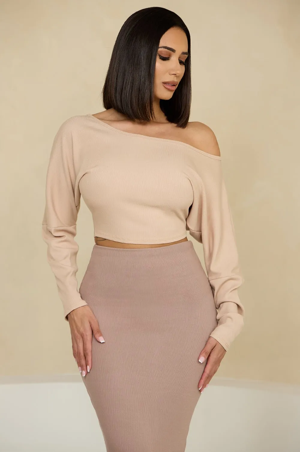 HMS Skins: Tan Baby Rib Off Shoulder Long Sleeve Top