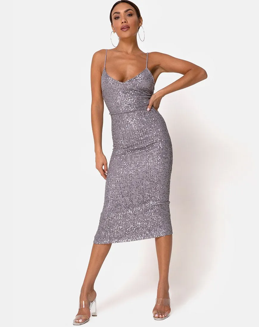 Humia Dress in Drape Net Sequin Silver