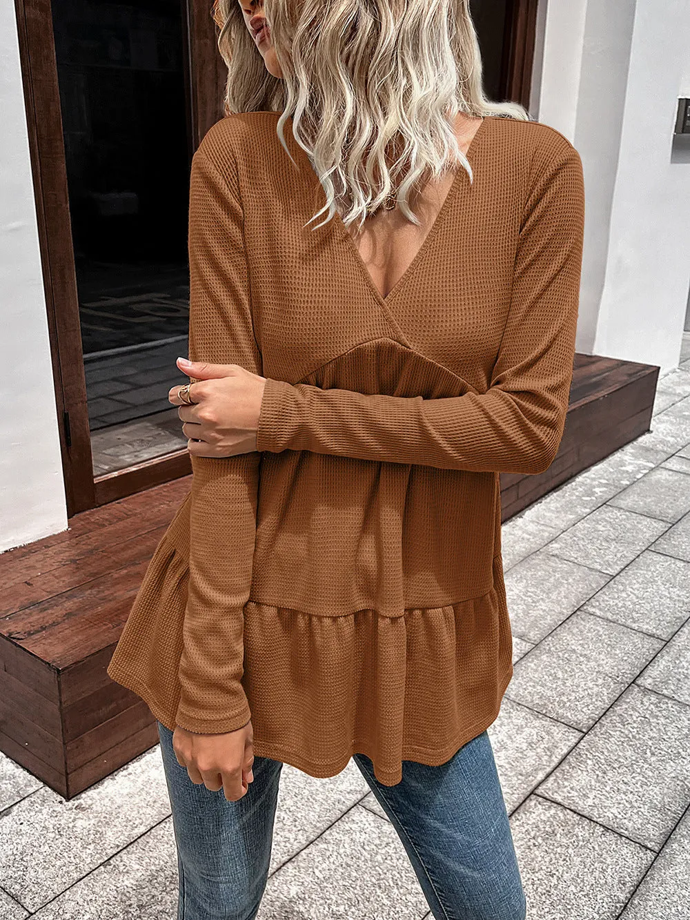 Ivy Lane Waffle-Knit V-Neck Long Sleeve Blouse