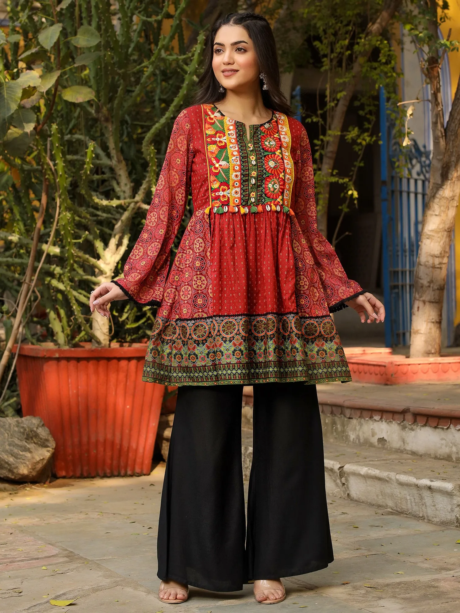 Juniper Rust Ethnic Motif Printed Cotton & Chiffon Peplum Tunic With Thread Embroidery & Tassels