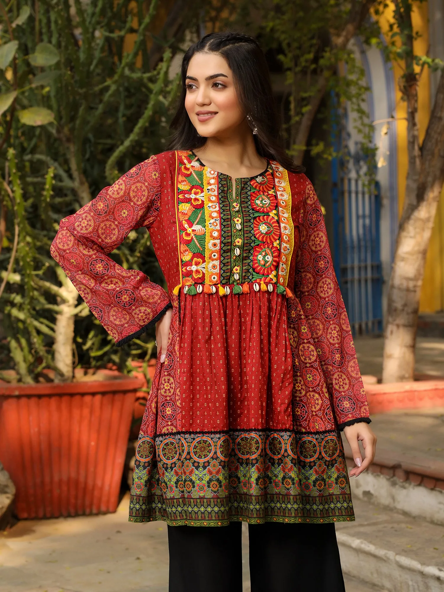 Juniper Rust Ethnic Motif Printed Cotton & Chiffon Peplum Tunic With Thread Embroidery & Tassels