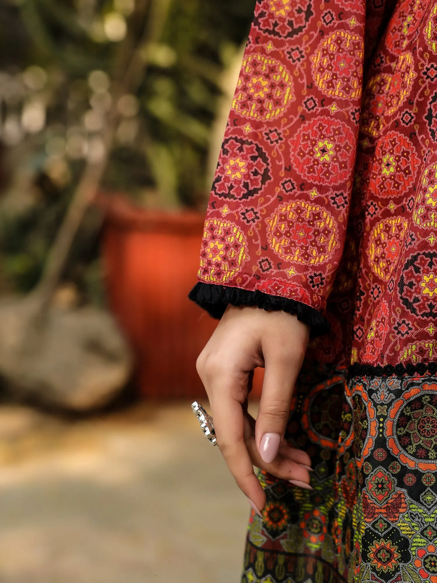 Juniper Rust Ethnic Motif Printed Cotton & Chiffon Peplum Tunic With Thread Embroidery & Tassels