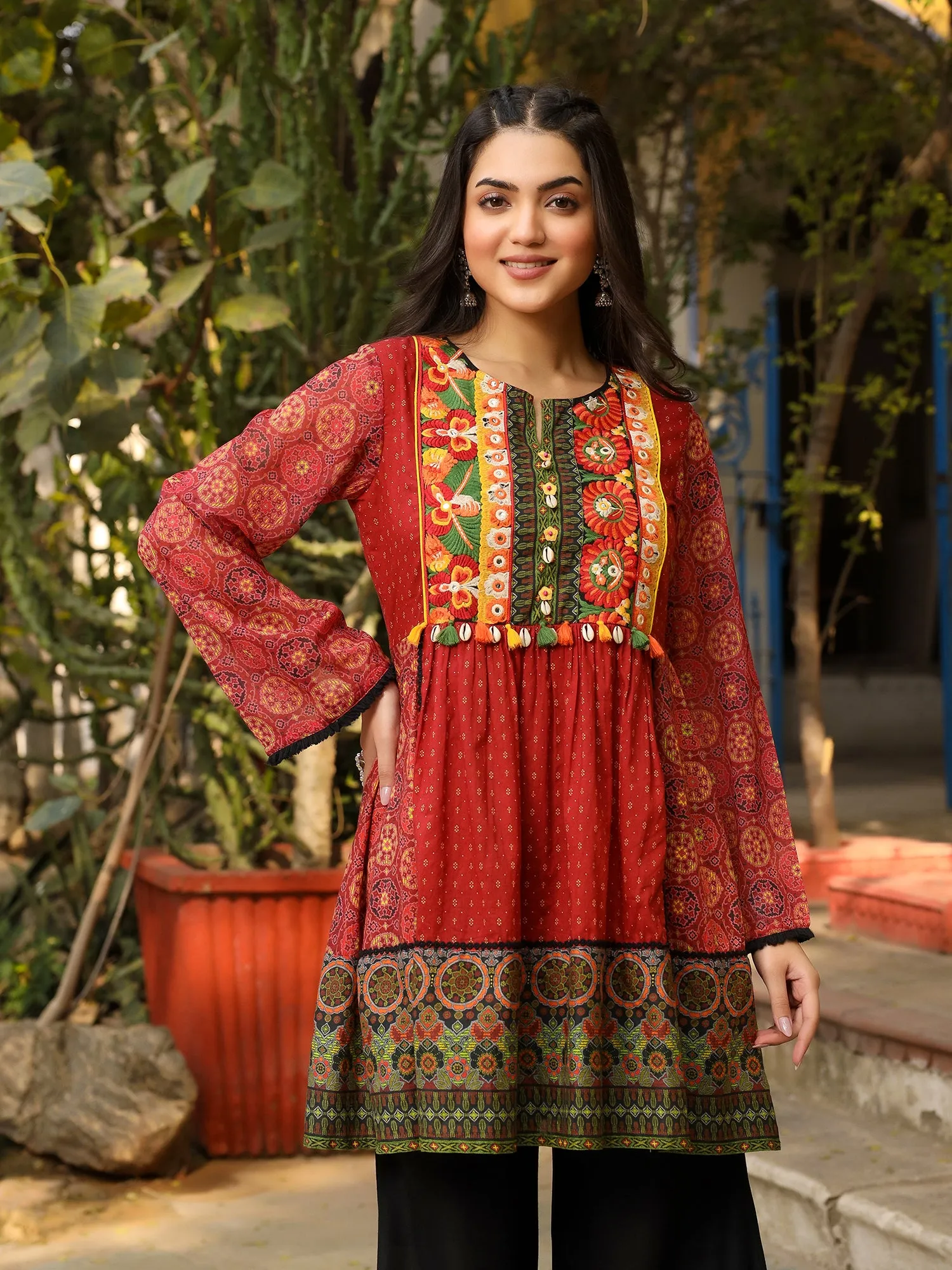 Juniper Rust Ethnic Motif Printed Cotton & Chiffon Peplum Tunic With Thread Embroidery & Tassels