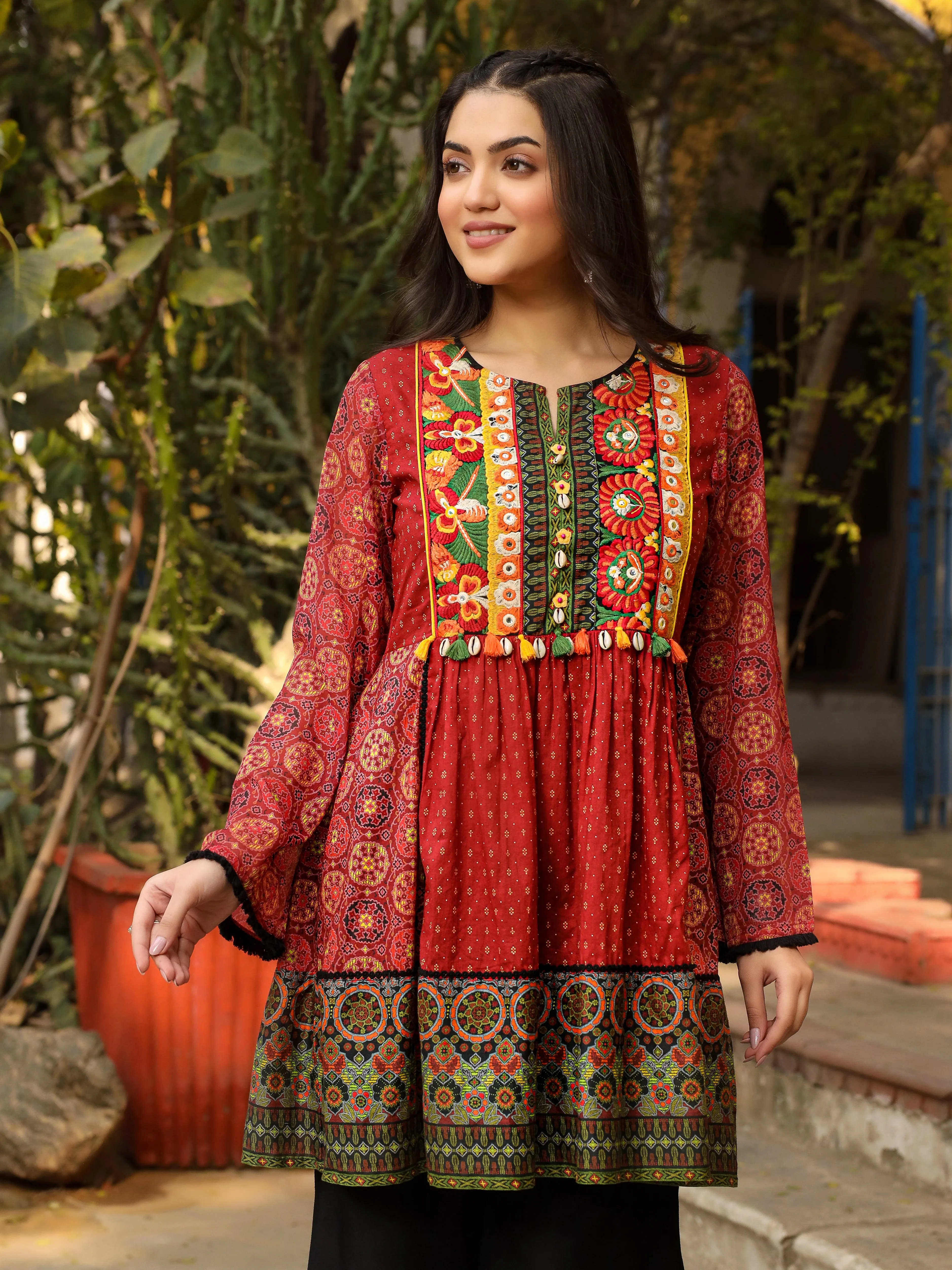 Juniper Rust Ethnic Motif Printed Cotton & Chiffon Peplum Tunic With Thread Embroidery & Tassels