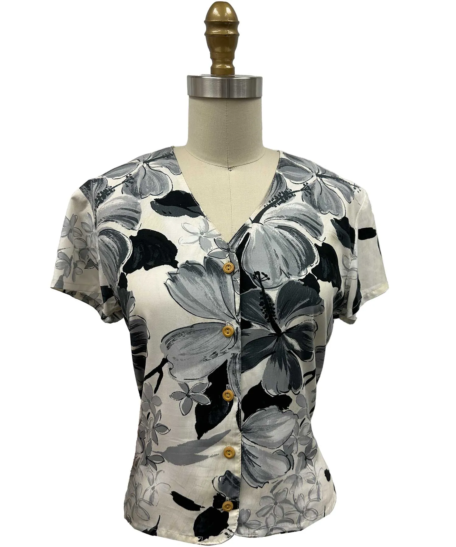 Ladies Watercolor Hibiscus Gray V-Neck Blouse