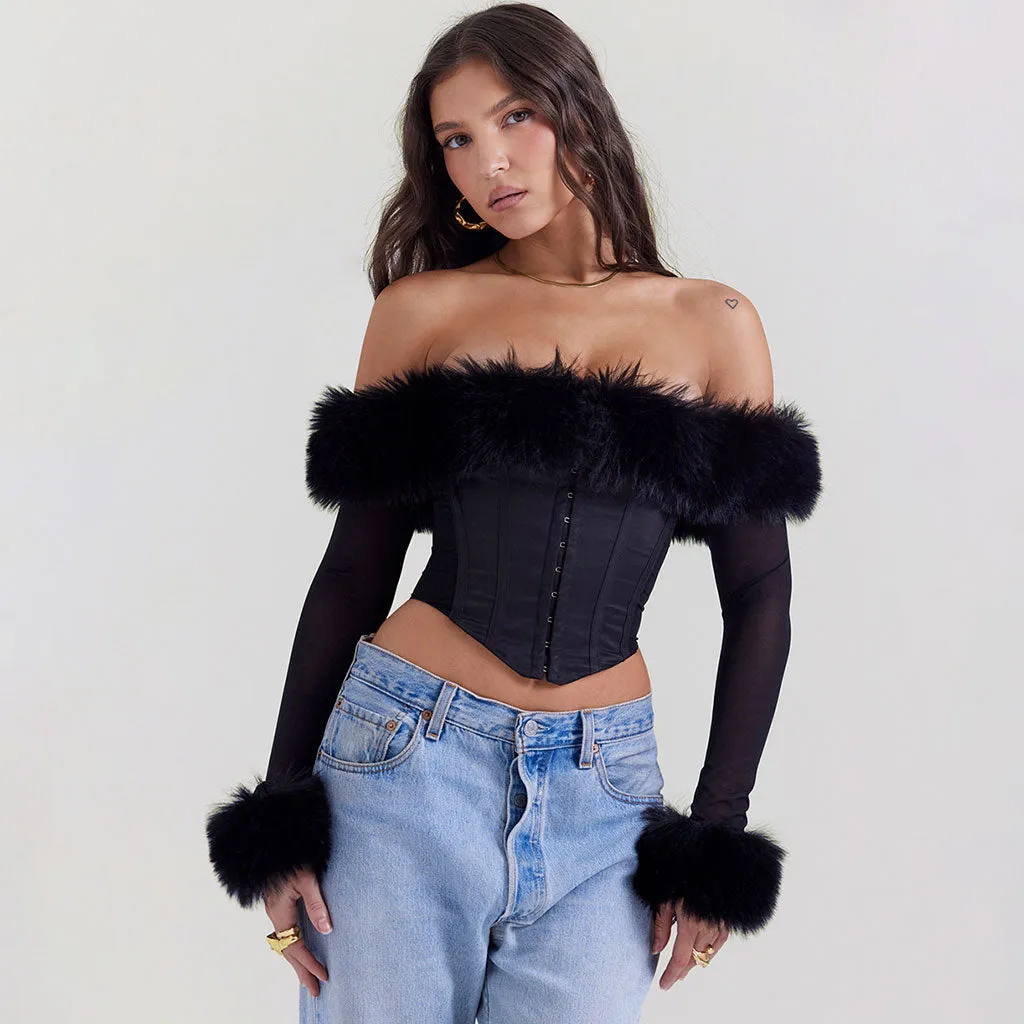 Lavish Faux Fur Trim Off The Shoulder Hook and Eye Long Sleeve Crop Corset Top